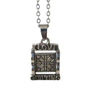 New "I Love Quilting" Pendant Necklace With Quilt Design Quilter Jewelry Gift